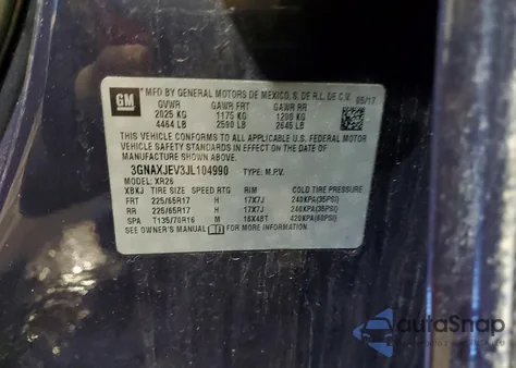 2018 Chevrolet Equinox Lt z USA, uszkodzony, nr VIN 3GNAXJEV3JL104990